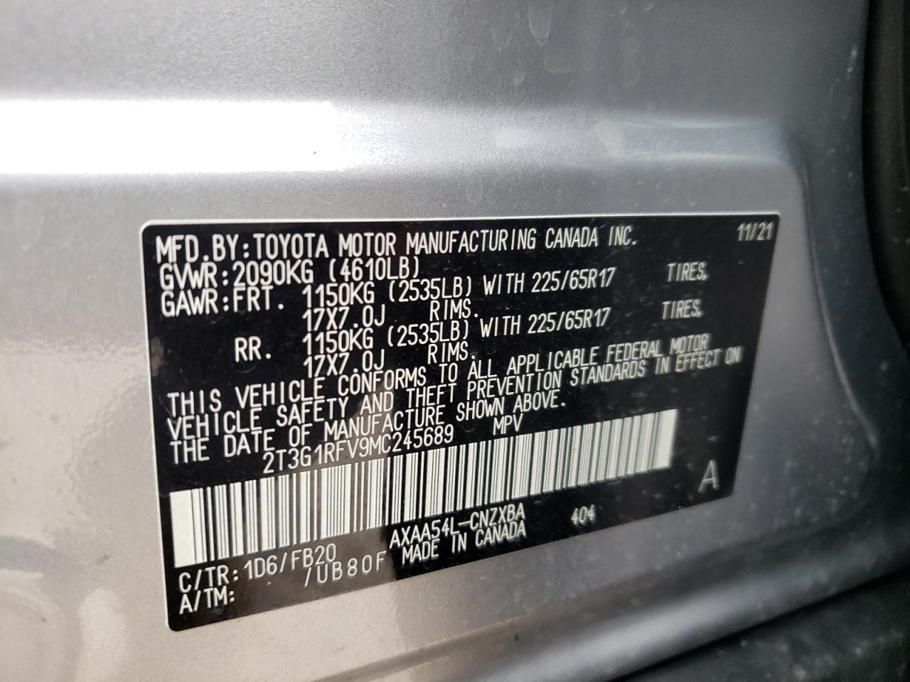 Photo 10 from auction – 2021 TOYOTA RAV4 LE with VIN 2T3G1RFV9MC245689