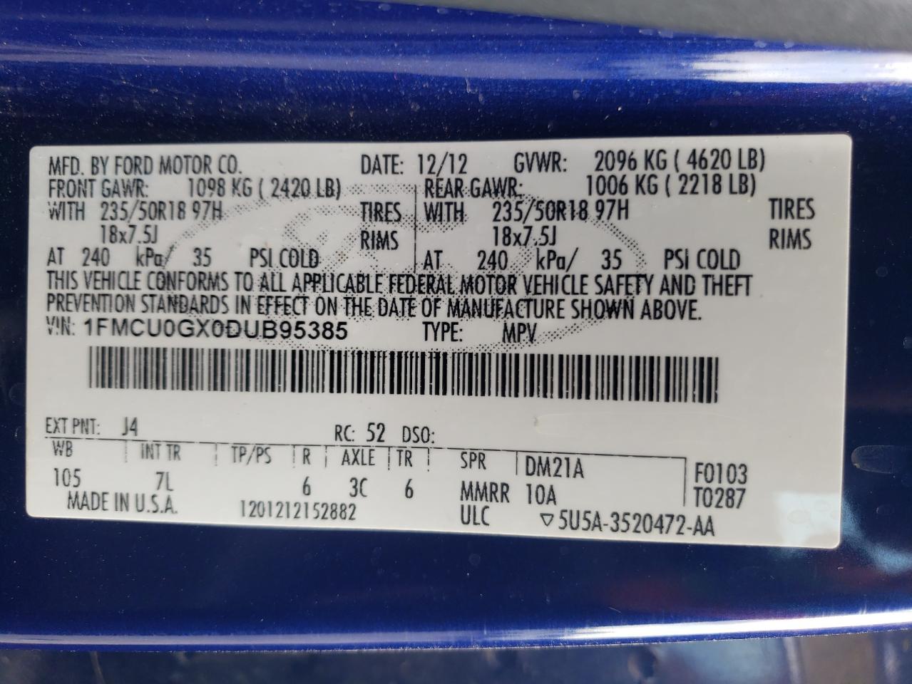 Photo 10 from auction – 2013 FORD ESCAPE SE with VIN 1FMCU0GX0DUB95385