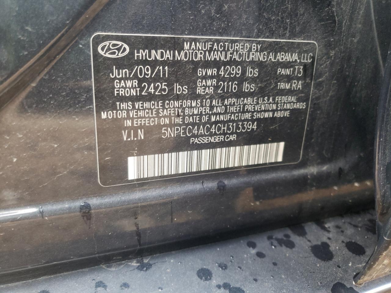 Photo 10 from auction – 2012 HYUNDAI SONATA SE with VIN 5NPEC4AC4CH313394