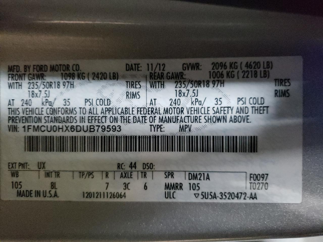 Photo 10 from auction – 2013 FORD ESCAPE SEL with VIN 1FMCU0HX6DUB79593