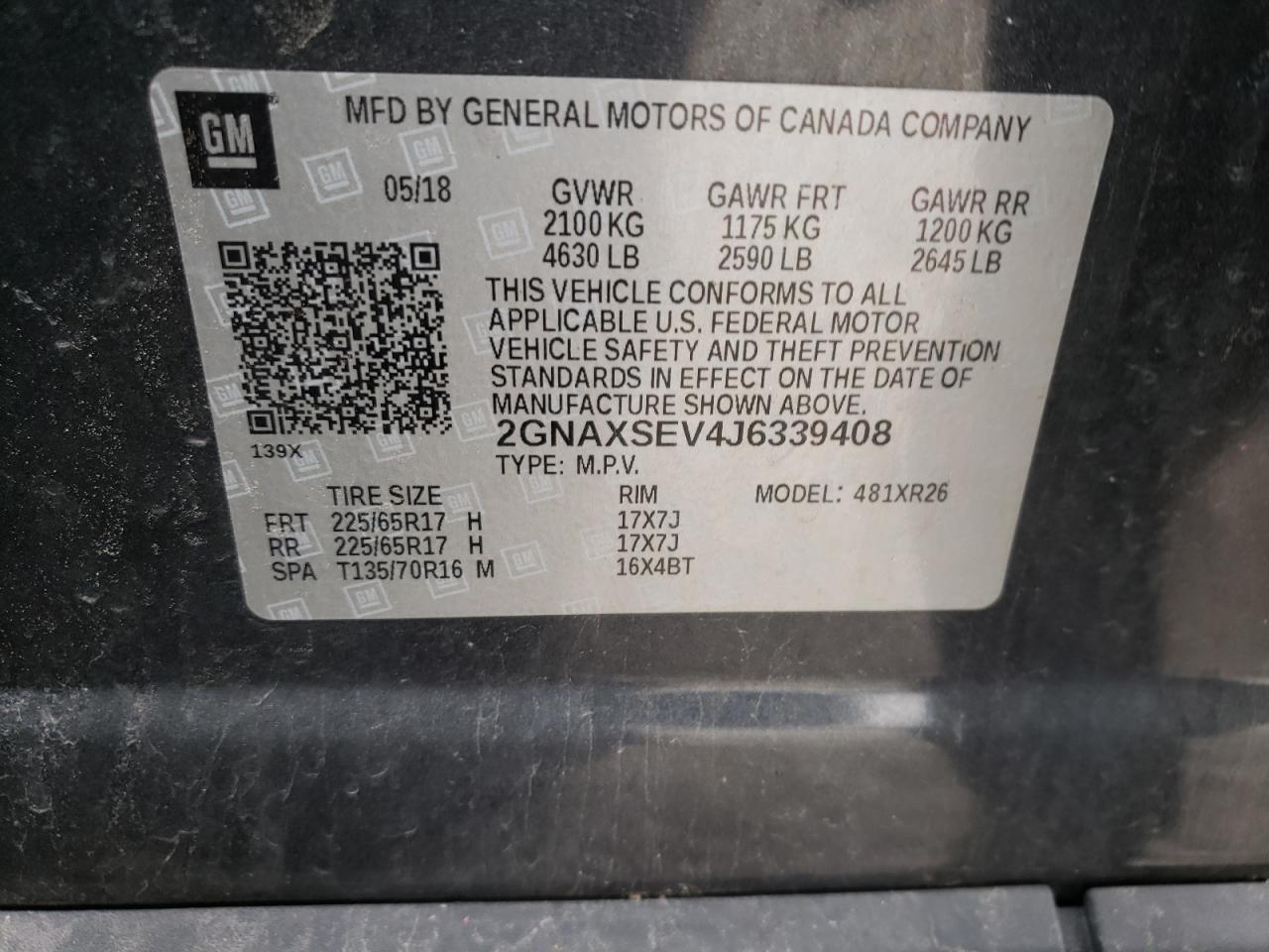 Photo 10 from auction – 2018 CHEVROLET EQUINOX LT with VIN 2GNAXSEV4J6339408