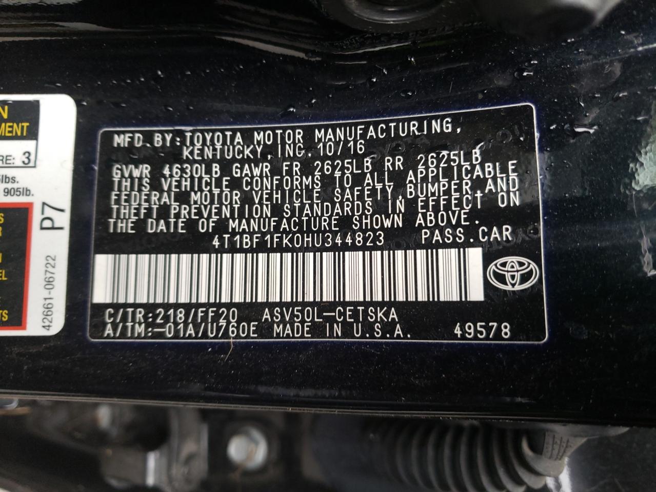 Photo 10 from auction – 2017 TOYOTA CAMRY LE with VIN 4T1BF1FK0HU344823