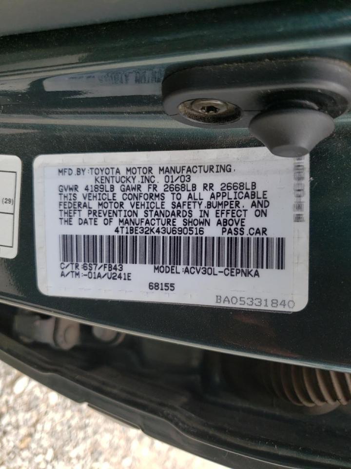 Photo 10 from auction – 2003 TOYOTA CAMRY LE with VIN 4T1BE32K43U690516