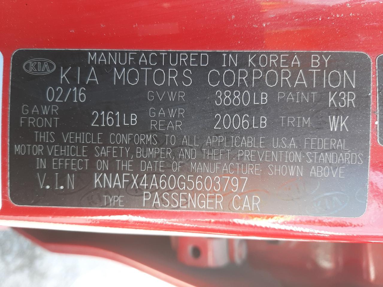 Photo 10 from auction – 2016 KIA FORTE LX with VIN KNAFX4A60G5603797