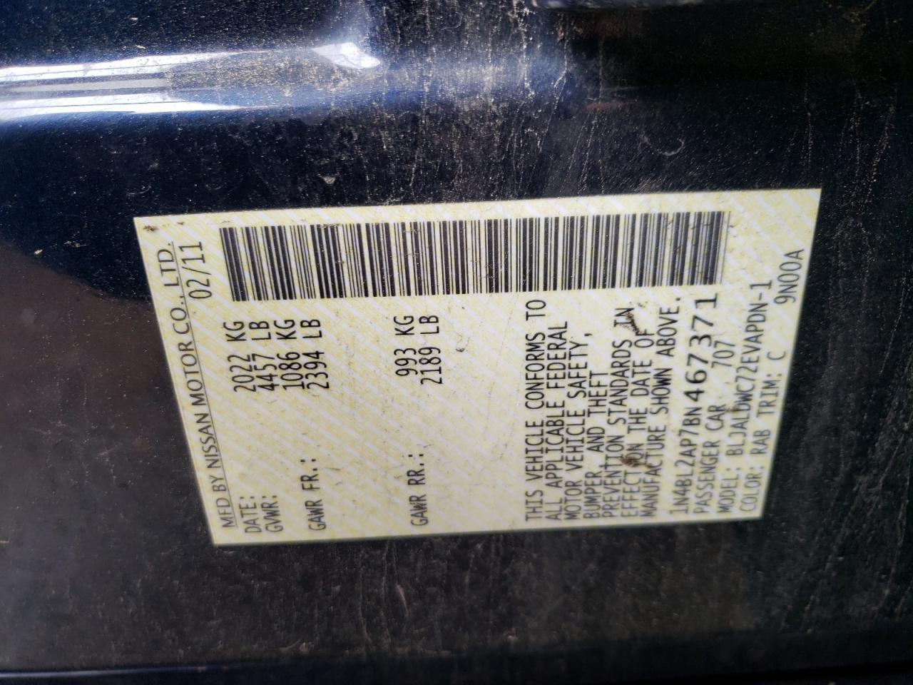 Photo 10 from auction – 2011 NISSAN ALTIMA SR with VIN 1N4BL2AP7BN467371