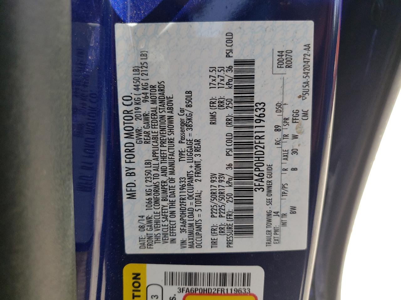 Photo 10 from auction – 2015 FORD FUSION SE with VIN 3FA6P0HD2FR119633
