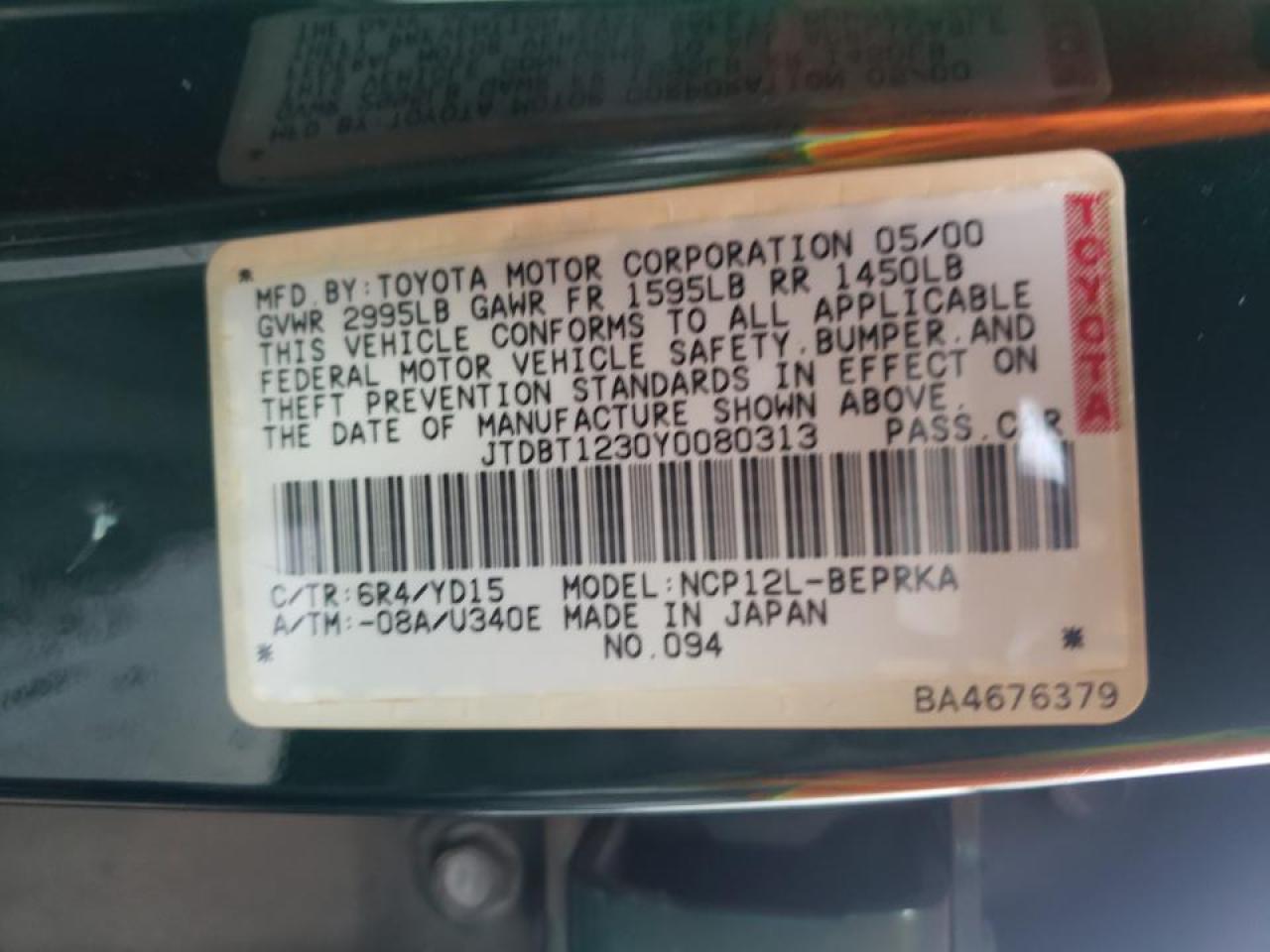 Photo 10 from auction – 2000 TOYOTA ECHO with VIN JTDBT1230Y0080313