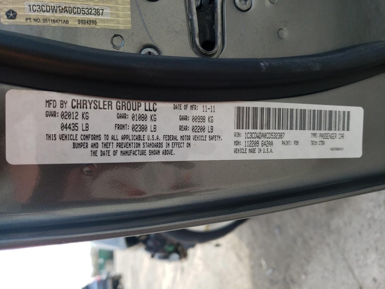 Photo 10 from auction – 2012 DODGE CALIBER SX with VIN 1C3CDWDA0CD532387