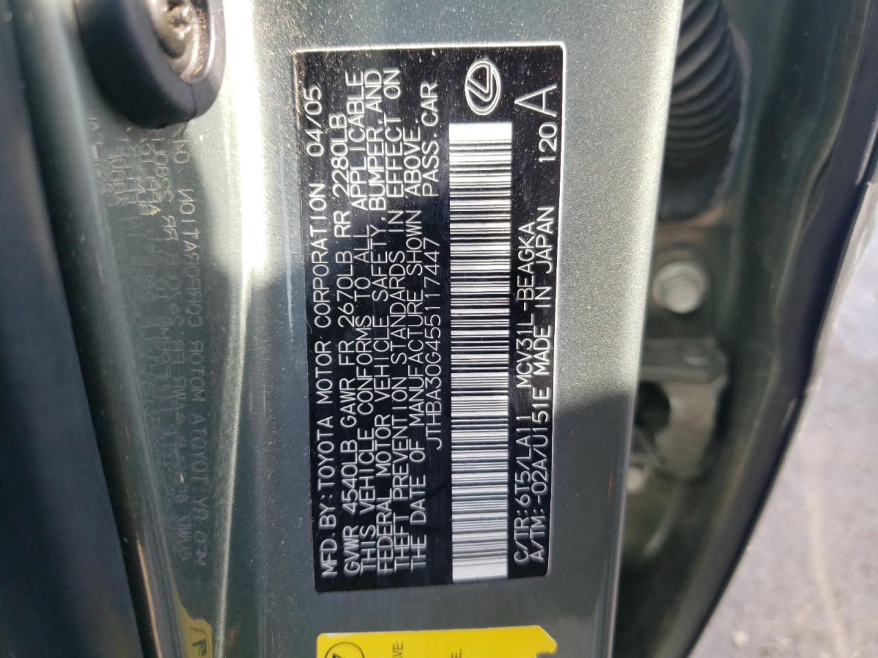 Photo 10 from auction – 2005 LEXUS ES 330 with VIN JTHBA30G455117447