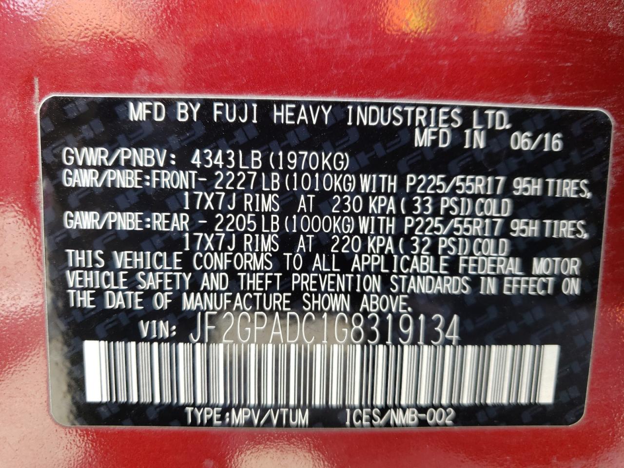 Photo 10 from auction – 2016 SUBARU CROSSTREK with VIN JF2GPADC1G8319134