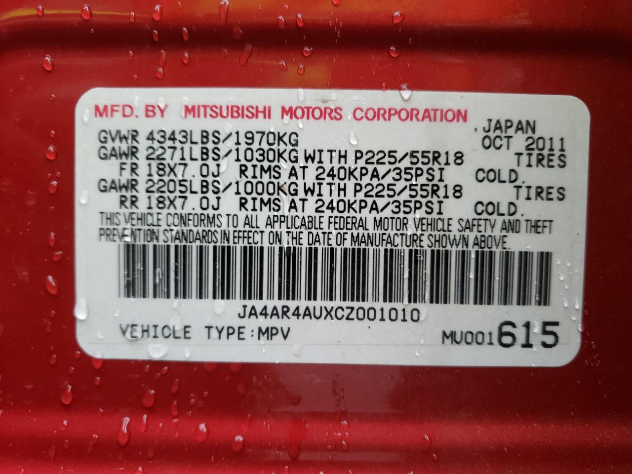 Photo 10 from auction – 2012 MITSUBISHI OUTLANDER with VIN JA4AR4AUXCZ001010