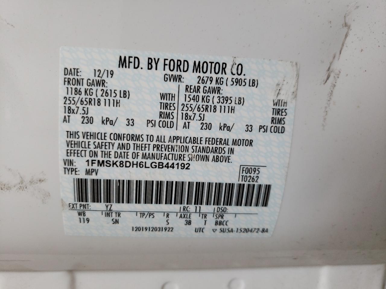 Photo 10 from auction – 2020 FORD EXPLORER X with VIN 1FMSK8DH6LGB44192