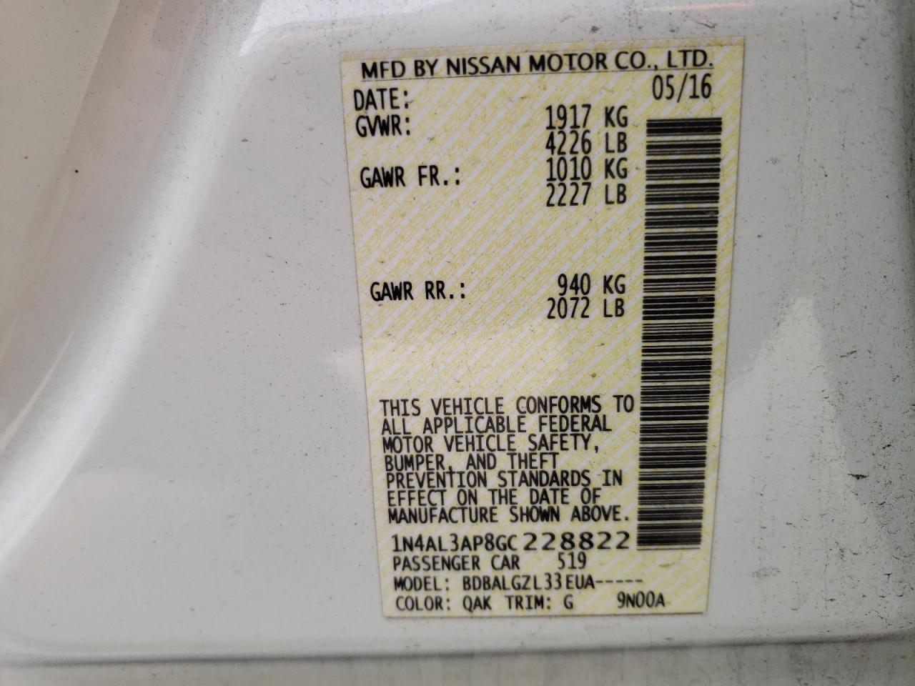 Photo 10 from auction – 2016 NISSAN ALTIMA with VIN 1N4AL3AP8GC228822