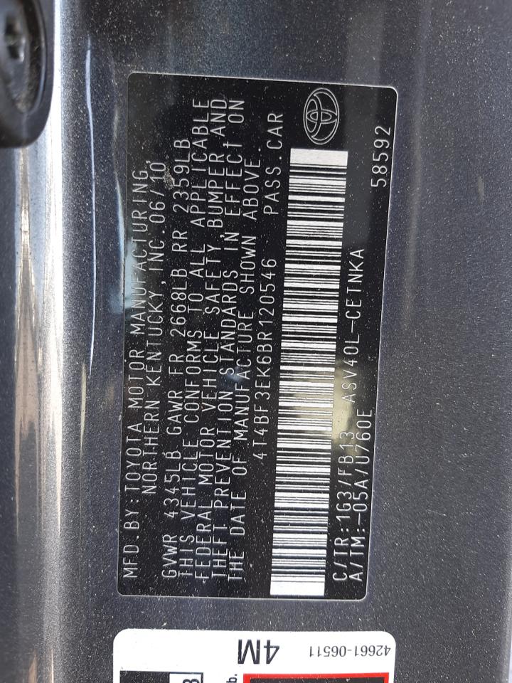 Photo 10 from auction – 2011 TOYOTA CAMRY BASE with VIN 4T4BF3EK6BR120546