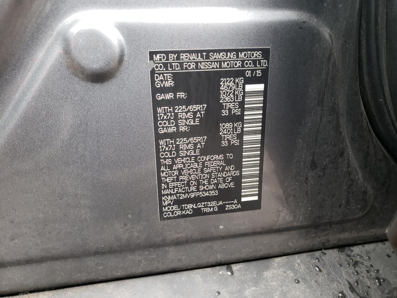 Photo 10 from auction – 2015 NISSAN ROGUE S with VIN KNMAT2MV9FP534353