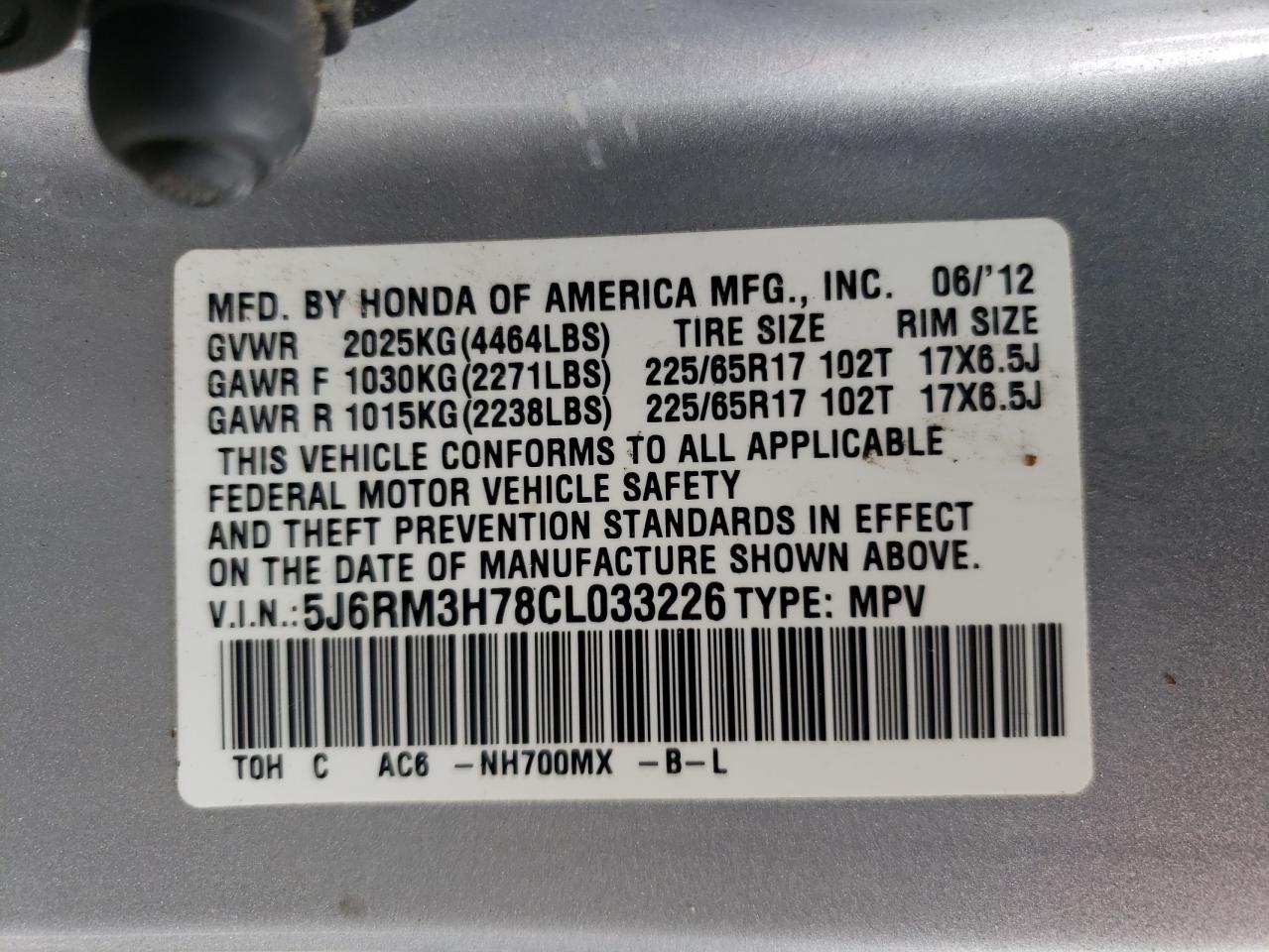 Photo 10 from auction – 2012 HONDA CR-V EXL with VIN 5J6RM3H78CL033226
