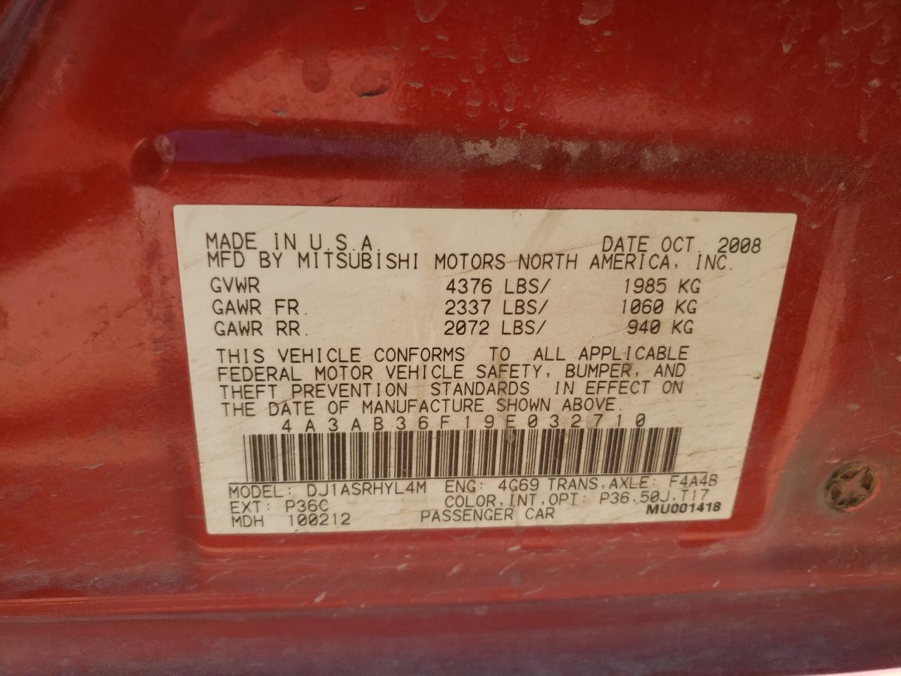 Photo 10 from auction – 2009 MITSUBISHI GALANT ES with VIN 4A3AB36F19E032710