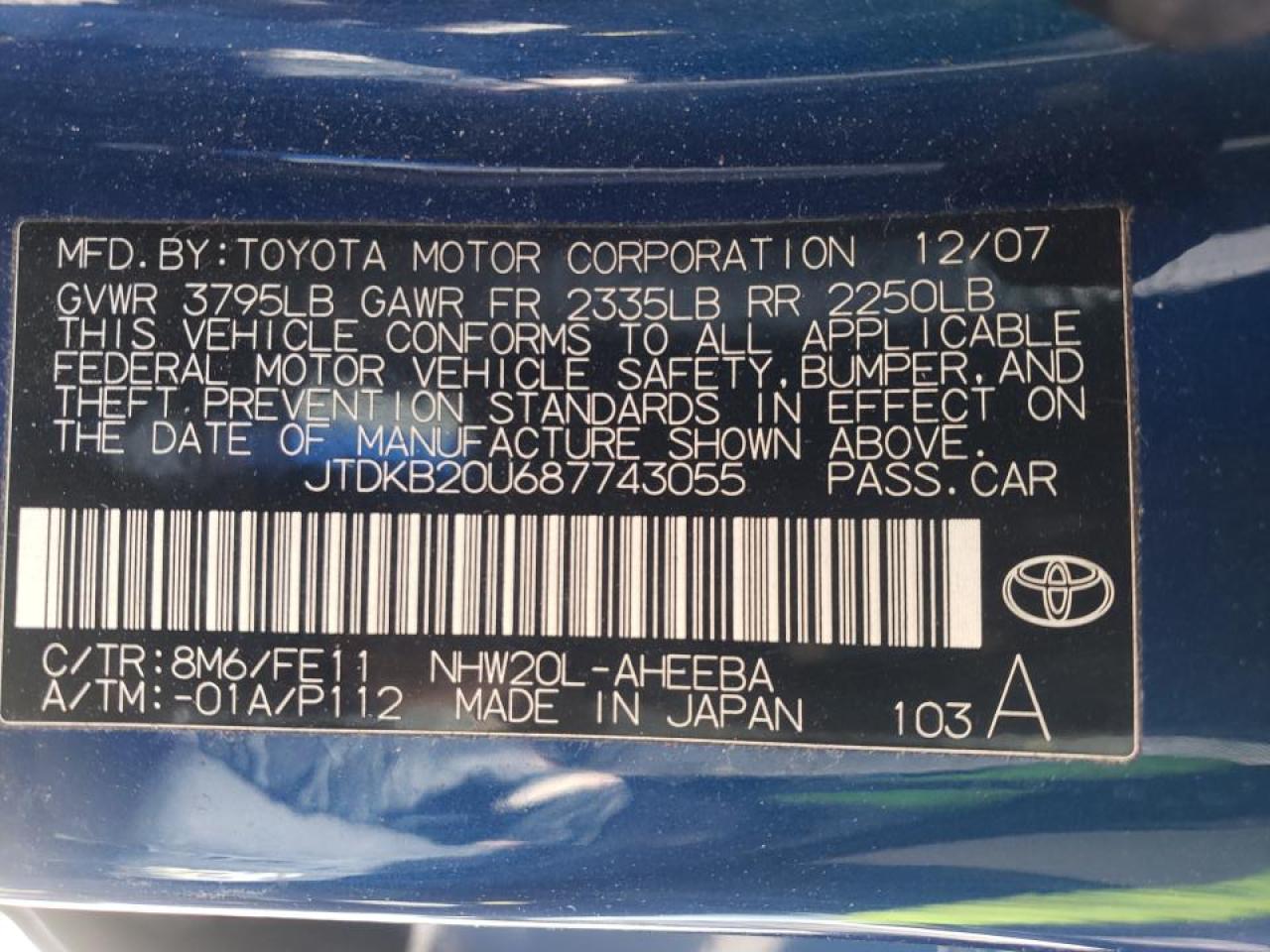 Photo 10 from auction – 2008 TOYOTA PRIUS with VIN JTDKB20U687743055