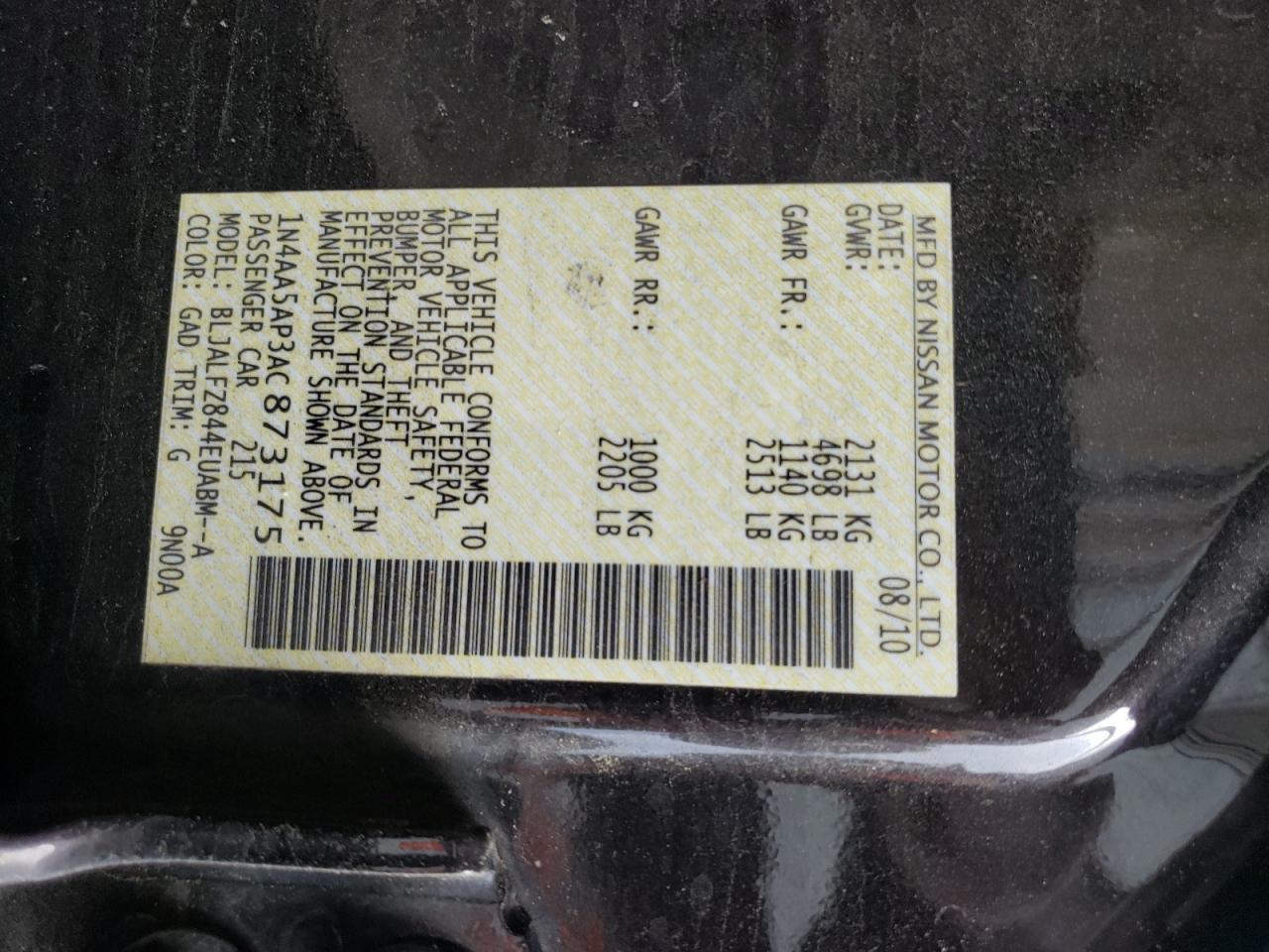 Photo 10 from auction – 2010 NISSAN MAXIMA S with VIN 1N4AA5AP3AC873175
