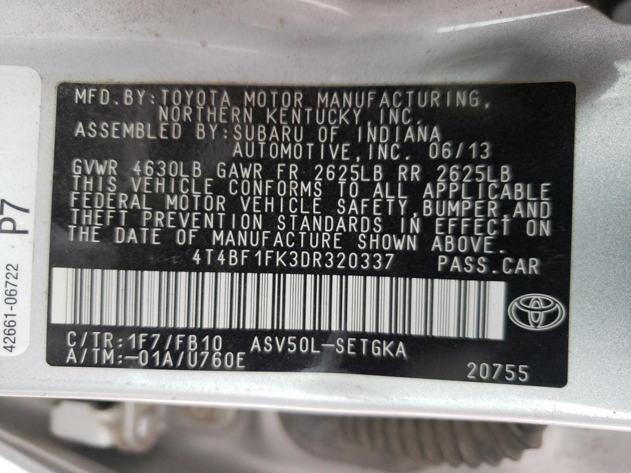 Photo 10 from auction – 2013 TOYOTA CAMRY L with VIN 4T4BF1FK3DR320337