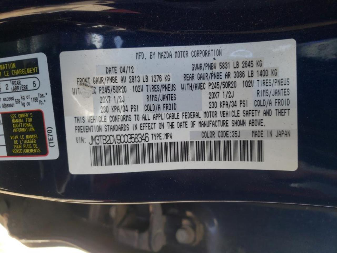 Photo 10 from auction – 2012 MAZDA CX-9 with VIN JM3TB2DV9C0358346