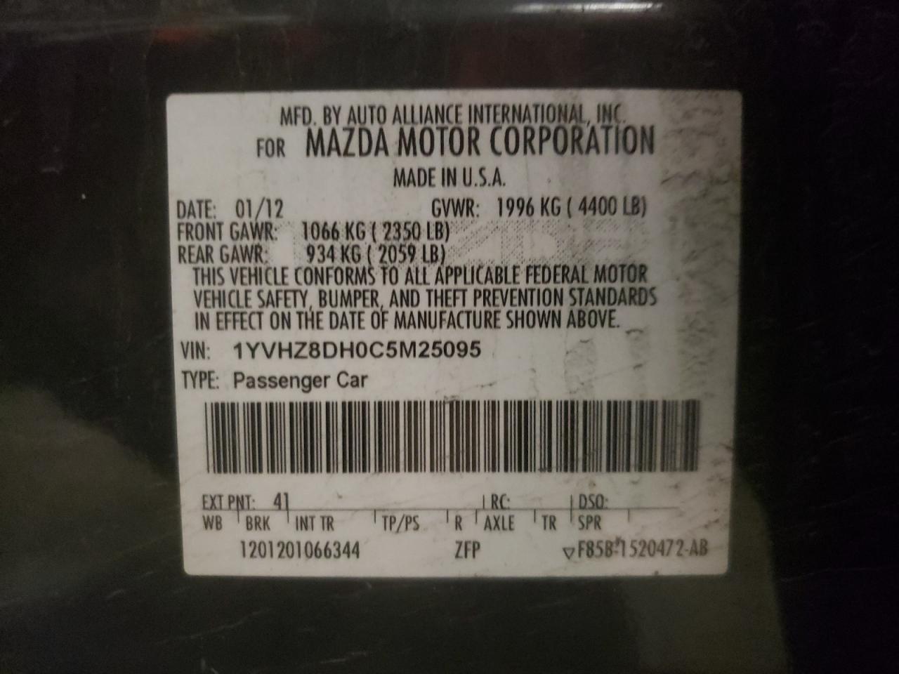 Photo 10 from auction – 2012 MAZDA 6 I with VIN 1YVHZ8DH0C5M25095