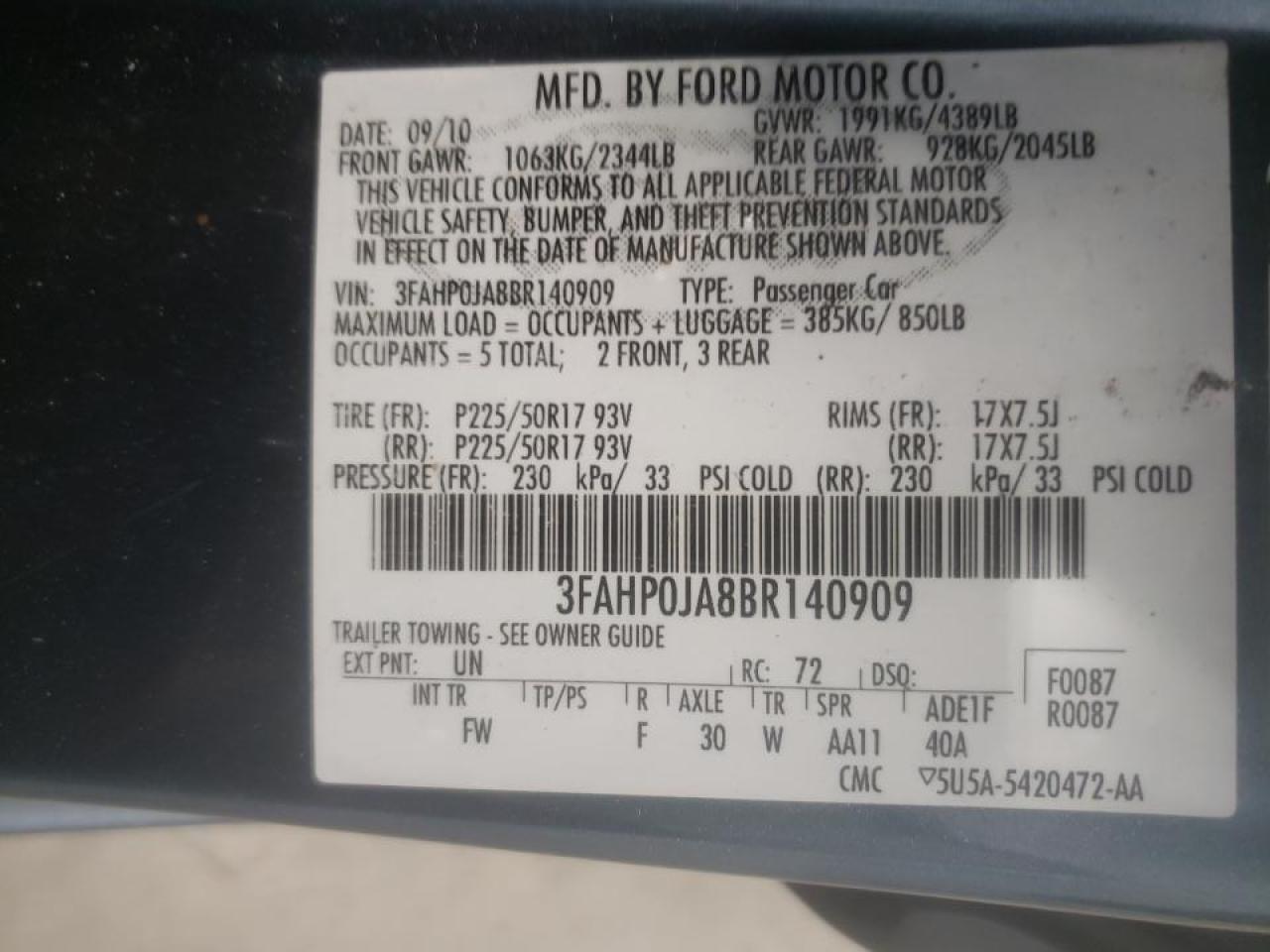 Photo 20 from auction – 2011 FORD FUSION SEL with VIN 3FAHP0JA8BR140909