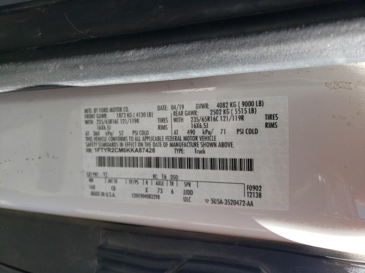 Photo 10 from auction – 2019 FORD TRANSIT T- with VIN 1FTYR2CM6KKA87428