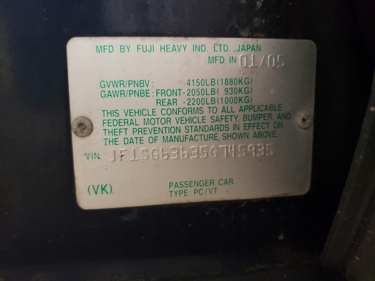 Photo 10 from auction – 2005 SUBARU FORESTER 2 with VIN JF1SG63635G745935