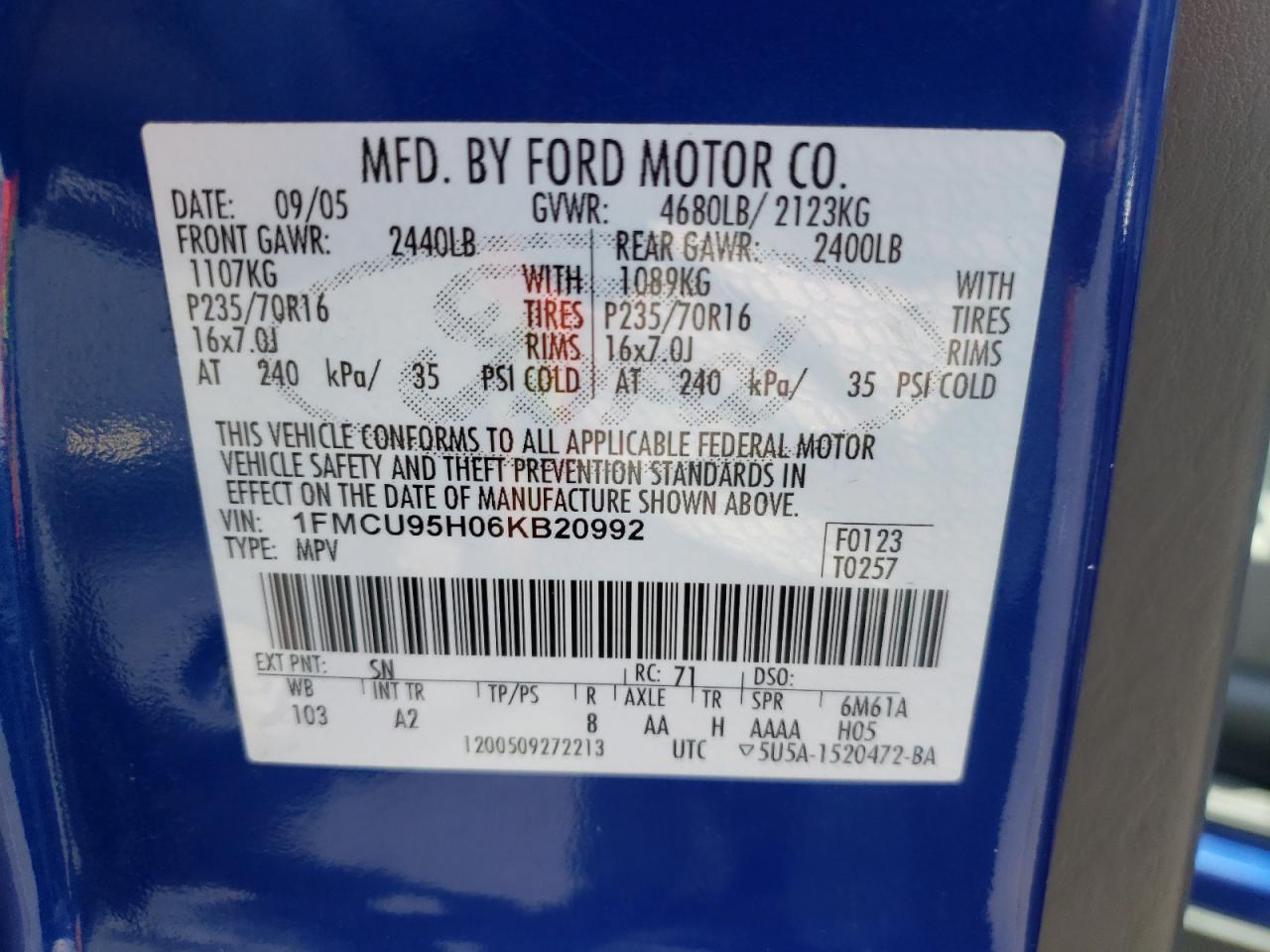 Photo 10 from auction – 2006 FORD ESCAPE HEV with VIN 1FMCU95H06KB20992