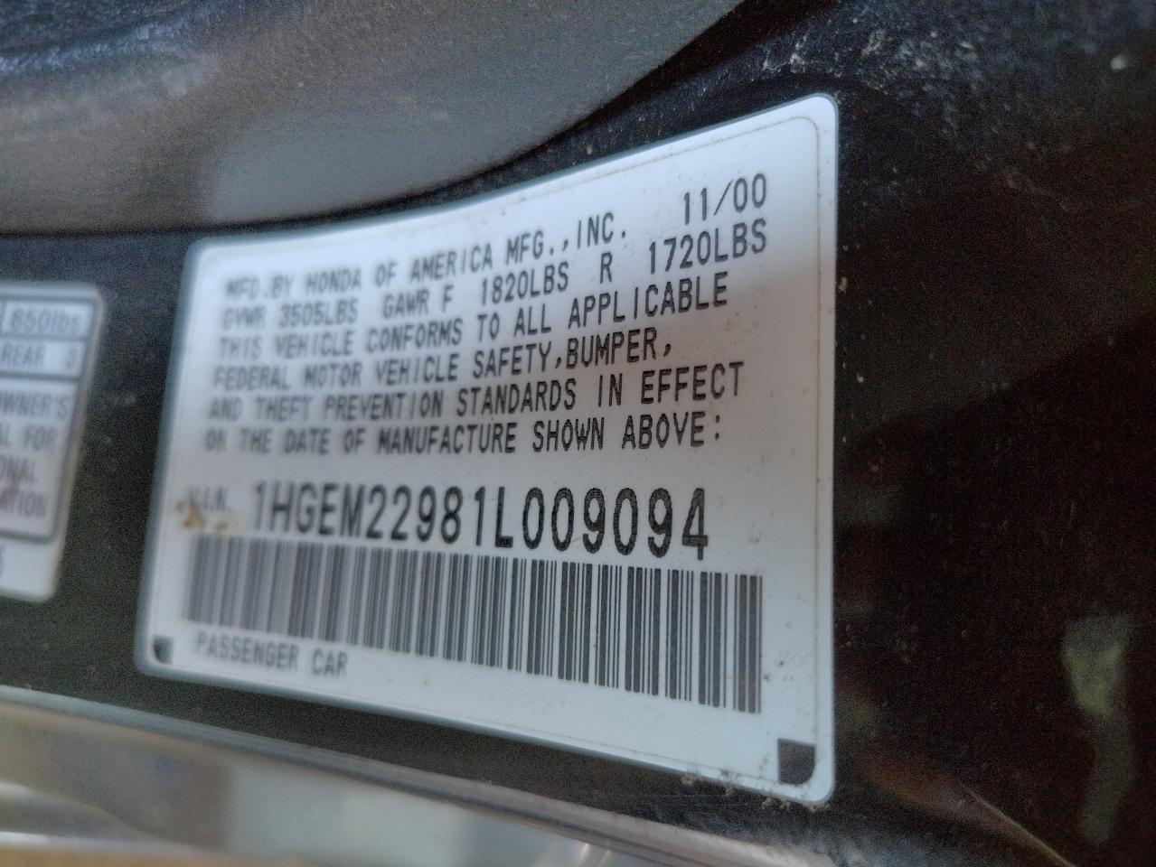 Photo 10 from auction – 2001 HONDA CIVIC SI with VIN 1HGEM22981L009094