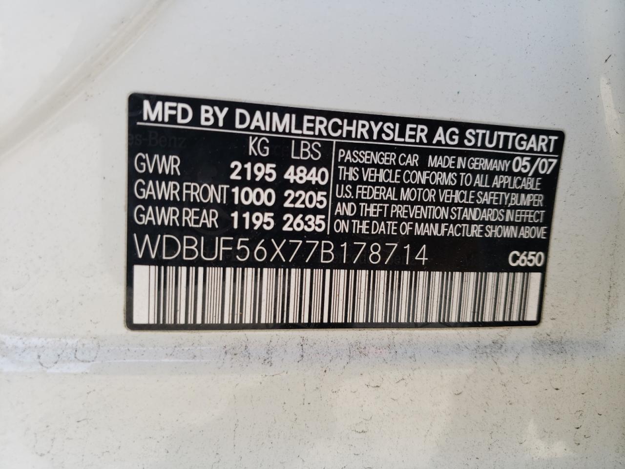 Photo 10 from auction – 2007 MERCEDES-BENZ E 350 with VIN WDBUF56X77B178714
