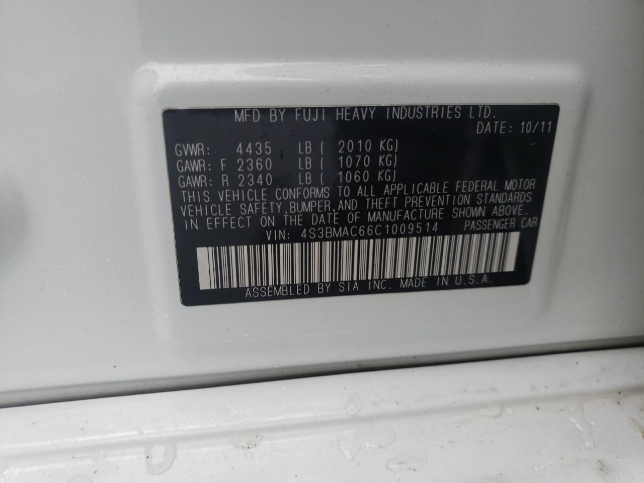 Photo 10 from auction – 2012 SUBARU LEGACY 2.5 with VIN 4S3BMAC66C1009514