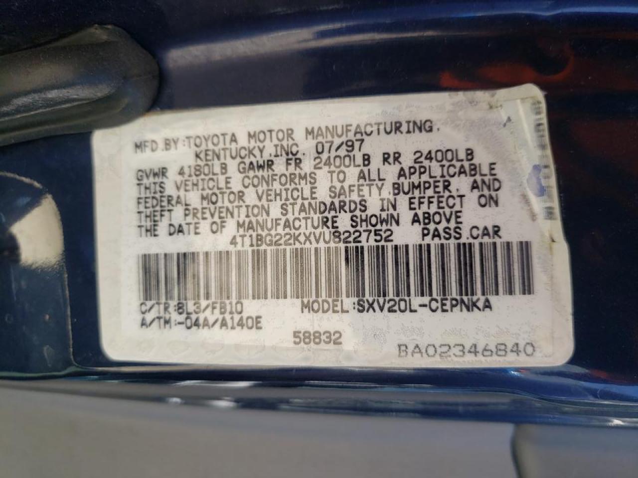 Photo 10 from auction – 1997 TOYOTA CAMRY CE with VIN 4T1BG22KXVU822752