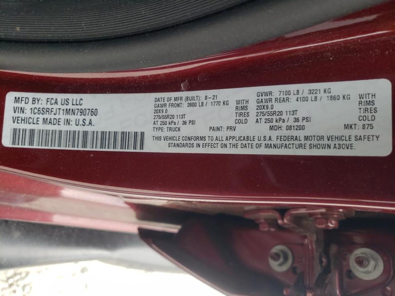 Photo 10 from auction – 2021 RAM 1500 LARAM with VIN 1C6SRFJT1MN790760