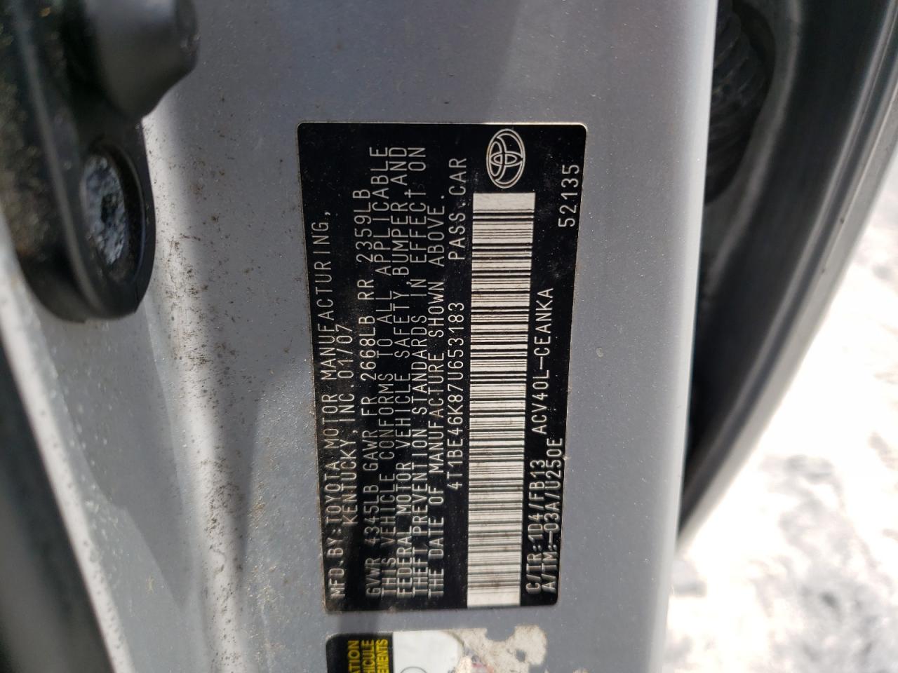 Photo 10 from auction – 2007 TOYOTA CAMRY CE with VIN 4T1BE46K87U653183