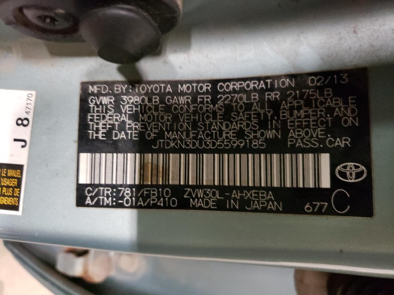 Photo 10 from auction – 2013 TOYOTA PRIUS with VIN JTDKN3DU3D5599185