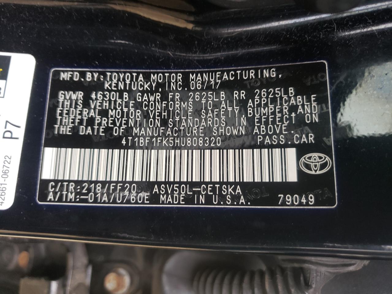 Photo 10 from auction – 2017 TOYOTA CAMRY LE with VIN 4T1BF1FK5HU808320