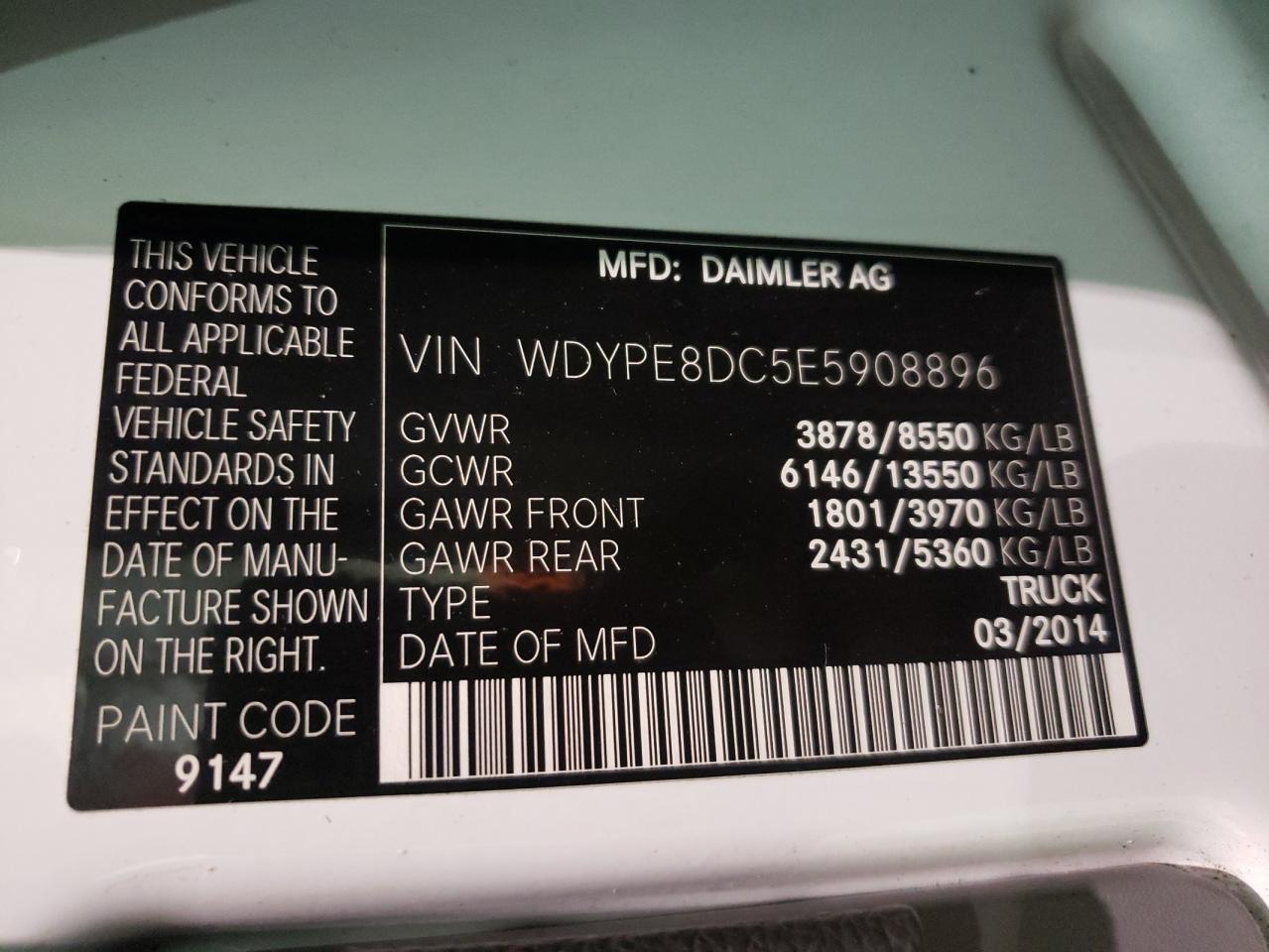 Photo 10 from auction – 2014 FREIGHTLINER SPRINTER 2 with VIN WDYPE8DC5E5908896