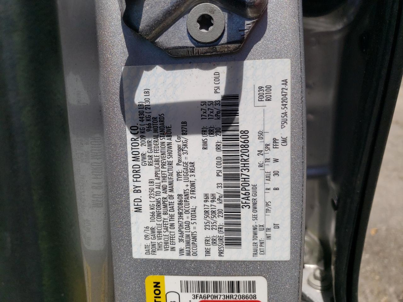 Photo 10 from auction – 2017 FORD FUSION SE with VIN 3FA6P0H73HR208608