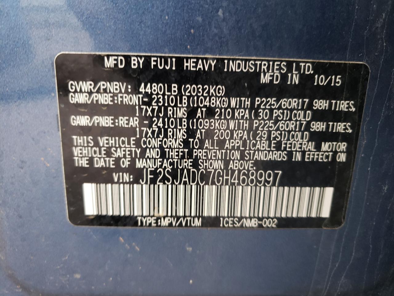Photo 10 from auction – 2016 SUBARU FORESTER 2 with VIN JF2SJADC7GH468997