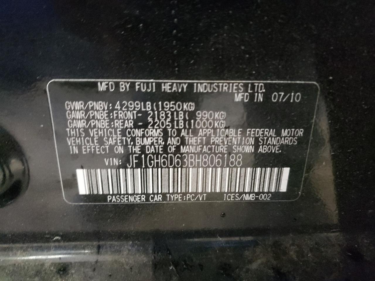 Photo 10 from auction – 2011 SUBARU IMPREZA OU with VIN JF1GH6D63BH806188
