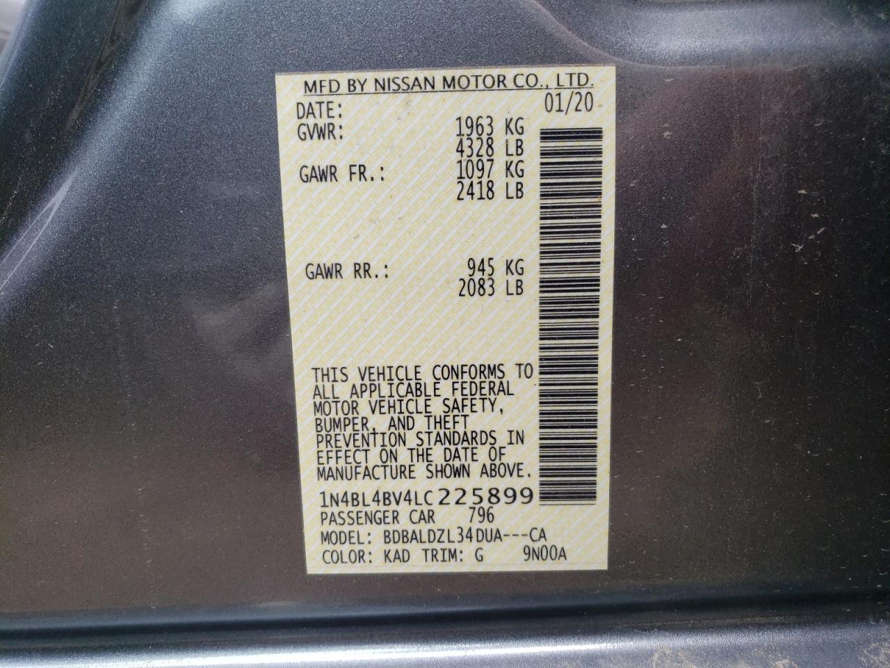Photo 10 from auction – 2020 NISSAN ALTIMA S with VIN 1N4BL4BV4LC225899
