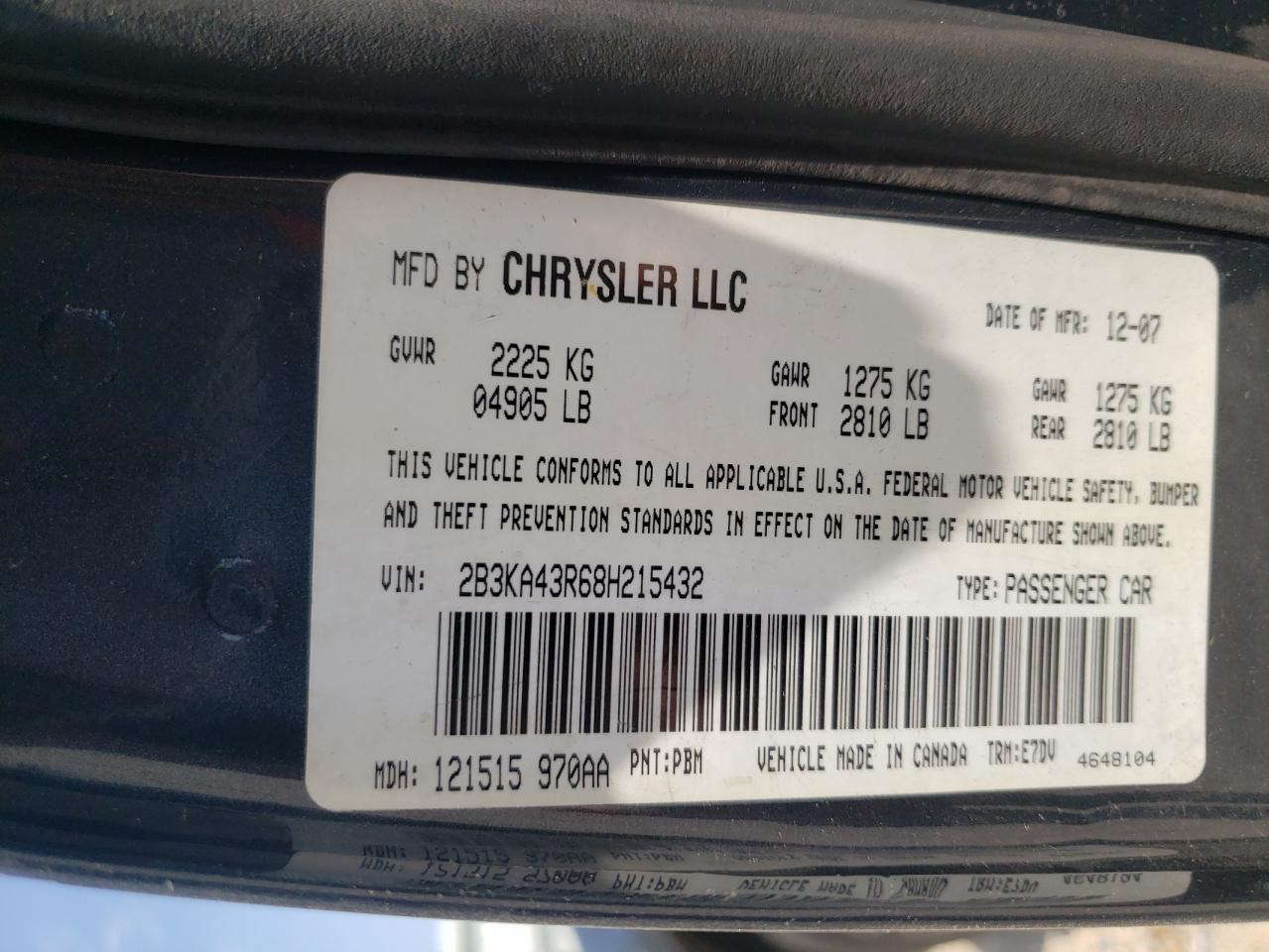Photo 10 from auction – 2008 DODGE CHARGER with VIN 2B3KA43R68H215432