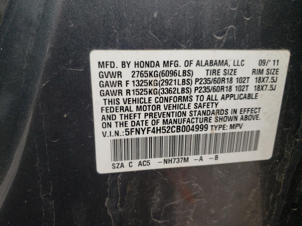 Photo 10 from auction – 2012 HONDA PILOT EXL with VIN 5FNYF4H52CB004999