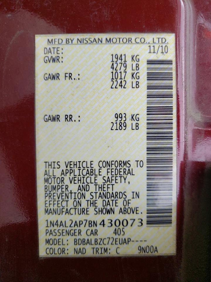Photo 10 from auction – 2011 NISSAN ALTIMA BAS with VIN 1N4AL2AP7BN430073