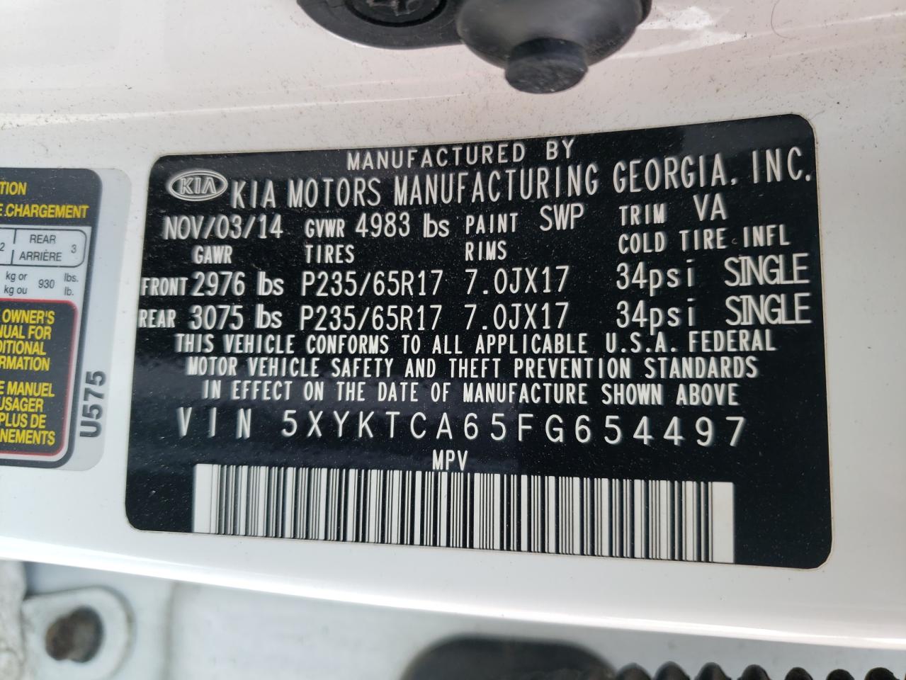 Photo 10 from auction – 2015 KIA SORENTO LX with VIN 5XYKTCA65FG654497