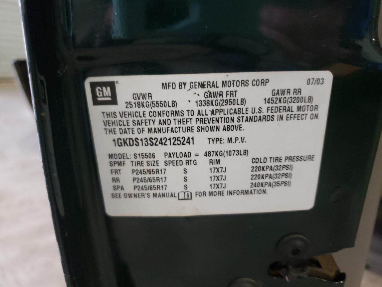 Foto 10 de la subasta – 2004 GMC ENVOY con VIN 1GKDS13S242125241