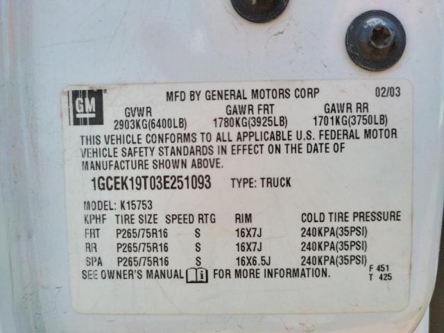 Photo 10 from auction – 2003 CHEVROLET SILVERADO with VIN 1GCEK19T03E251093