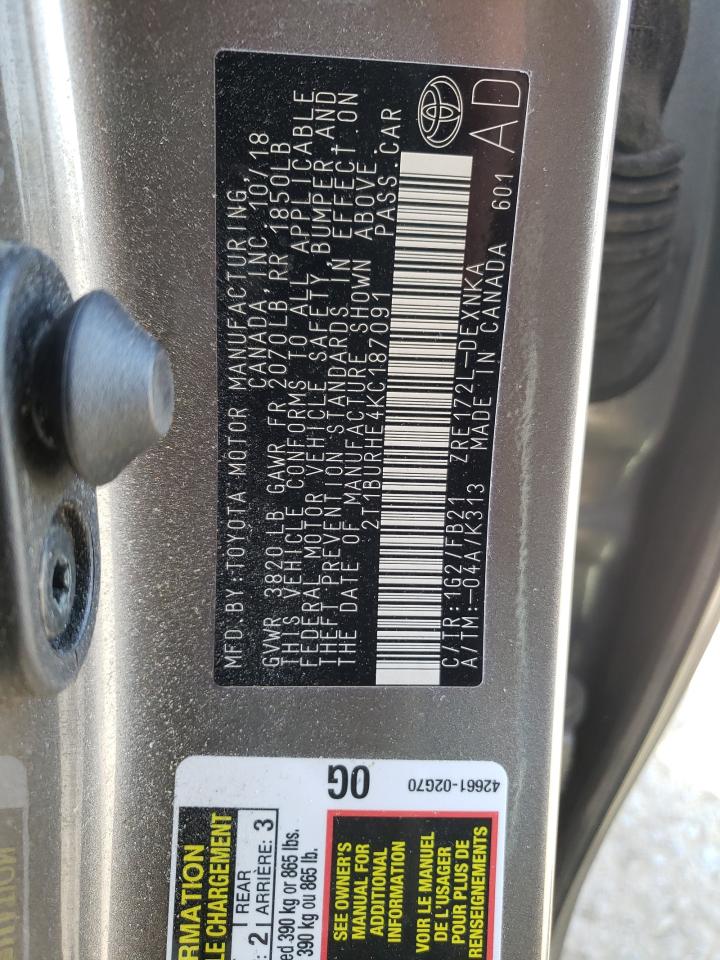 Photo 10 from auction – 2019 TOYOTA COROLLA L with VIN 2T1BURHE4KC187091
